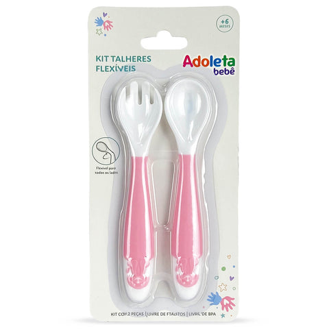 Kit Talheres Flexíveis Infantil 6m+ Colher e Garfo Bebê Treinamento Menina Rosa Adoleta Bebê