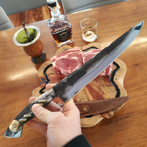 Faca Artesanal 10' Brut Forge Aço Carbono 5160 Cabo Munição para Churrasco