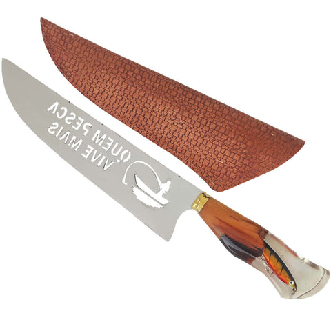Faca Pescador Churrasco Artesanal 10' Cabo Hibrido Lâmina Vazada Quem Pesca Vive Mais Aço Inox 420c