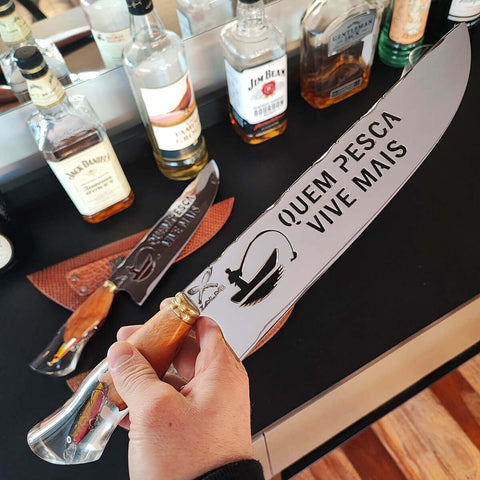 Faca Pescador Churrasco Artesanal 10' Cabo Hibrido Lâmina Vazada Quem Pesca Vive Mais Aço Inox 420c