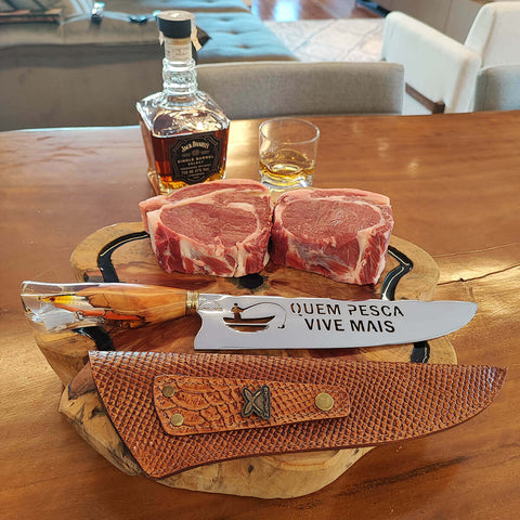 Faca Pescador Churrasco Artesanal 10' Cabo Hibrido Lâmina Vazada Quem Pesca Vive Mais Aço Inox 420c
