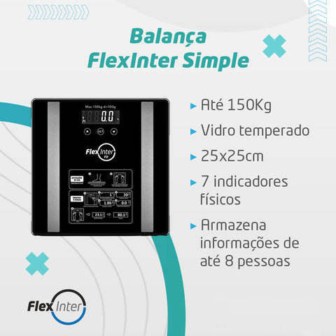 Balança Digital Bioimpedância até 150kg Corporal Preto Simple FlexInter Fit de Vidro