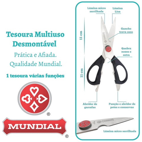 Tesoura de Cozinha Mundial Inox Desmontável 21,5cm Multiuso Culinária Preta