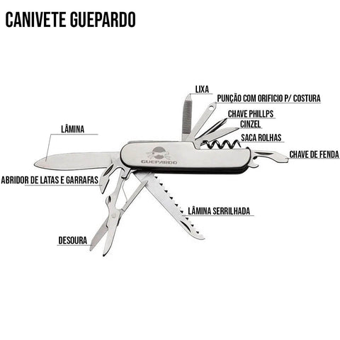 Canivete 10 Funções Multifunção Guepardo Aço Inox Camping Pesca Tático