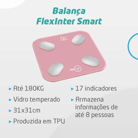 Balança Digital Smart Corporal Bioimpedância FlexInter 180kg Rosa App Android e IOS