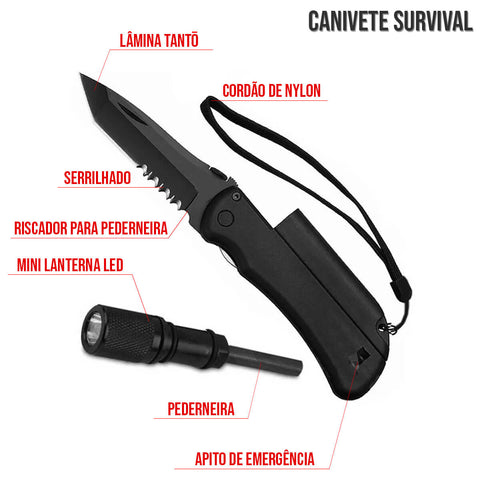 Canivete de Sobrevivência Apito Pederneira e Lanterna Guepardo Survival Aço Inox 420 Preto