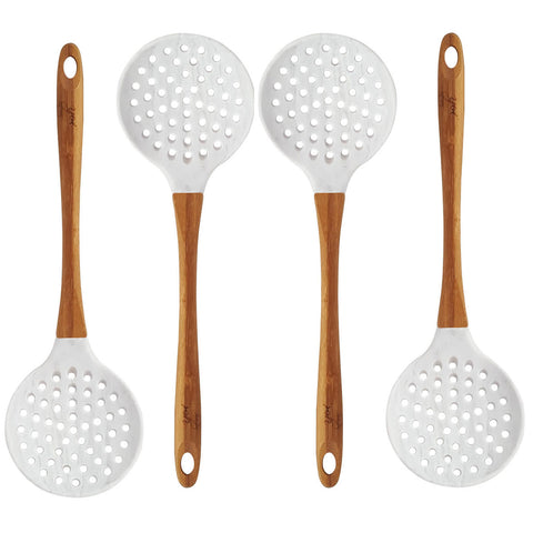 Kit 4 Escumadeiras De Silicone Bambu Colher De Cozinha Marmorizada Yoi