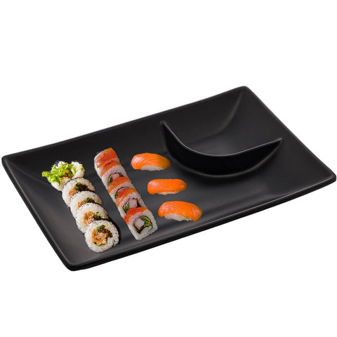 Kit 10 Pratos para Sushi com Molheira Melamina Pretos 19x12,5cm Lyor Tóquio Retangulares