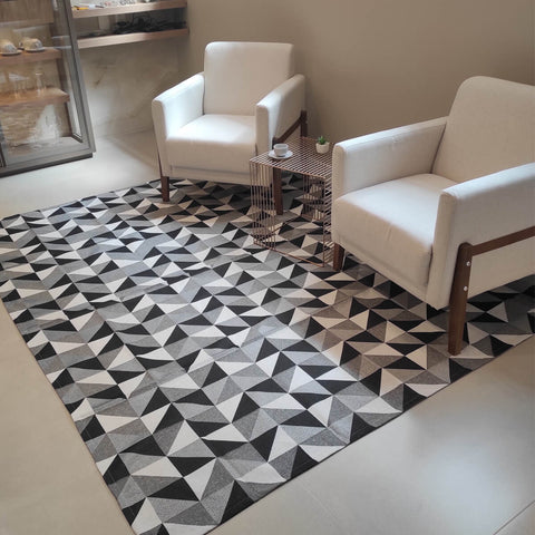 Tapete para Sala Preto e Branco Geométrico 200x250cm Algodão Lavável Retangular Odessa