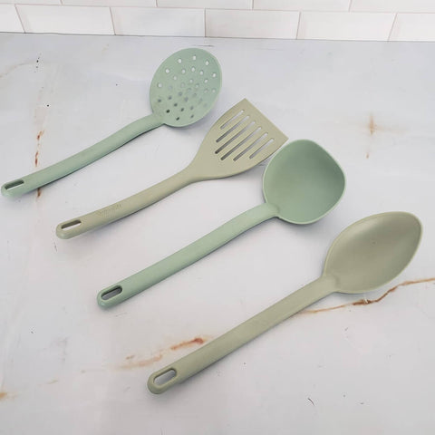 Conjunto Utensílios de Cozinha Plástico Kit Jogo Colher Concha Escumadeira Espátula Verde Menta