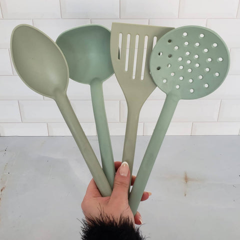 Conjunto Utensílios de Cozinha Plástico Kit Jogo Colher Concha Escumadeira Espátula Verde Menta