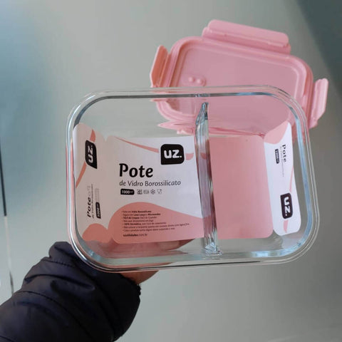 Kit 2 Marmitas de Vidro com Divisória 1L Rosa Pote Hermético com Tampa UZ