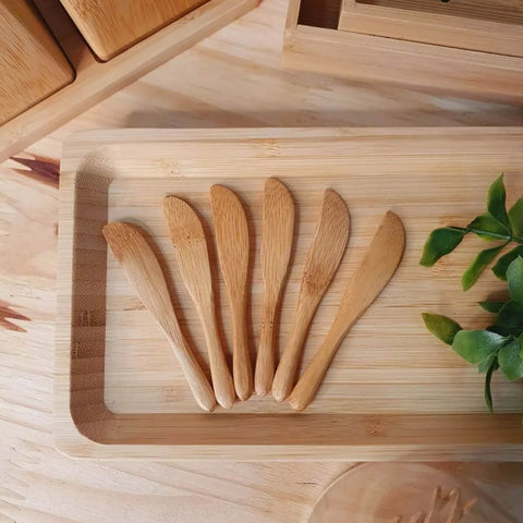 Kit 6 Mini Facas Bambu Petiscos Espátulas Geléias Manteiga Patê Servir Mesa Posta Pequenas