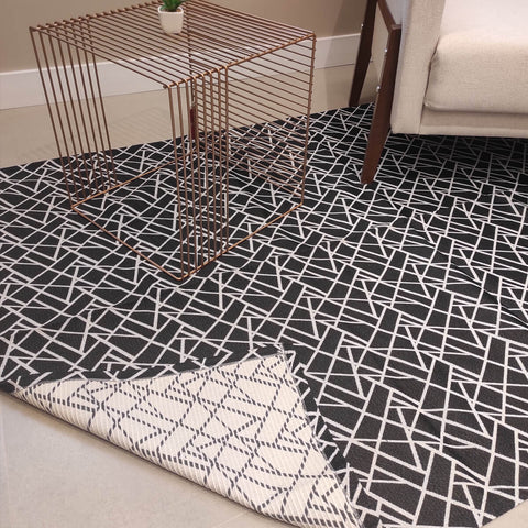 Tapete Geométrico Preto Cinza 135x200cm Retangular Escritorio Quarto Casal Jacquard