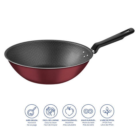 Wok Tramontina Loreto Antiaderente Starflon Max Vermelho 28cm 3,6l em Alumínio com Revestimento Interno e Externo