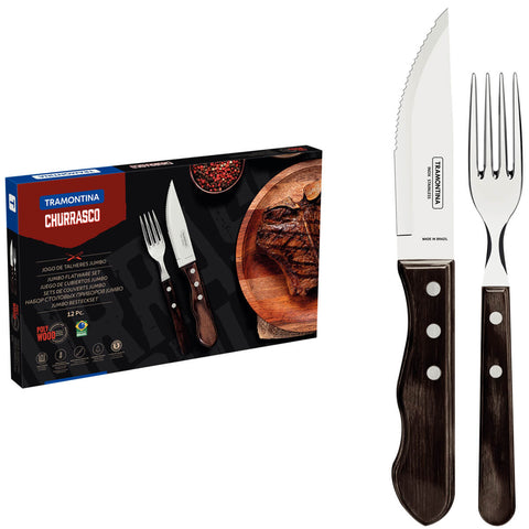 Jogo de Talheres para Churrasco Jumbo Tramontina 12 Peças em Aço Inox Cabo Castanho Polywood