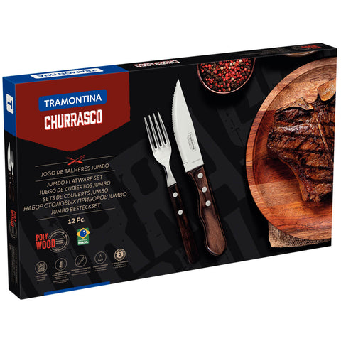 Jogo de Talheres para Churrasco Jumbo Tramontina 12 Peças em Aço Inox Cabo Castanho Polywood