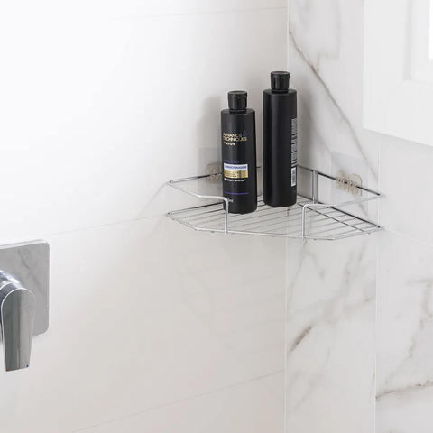Porta Shampoo de Canto Cromado para Banheiro Prateleira Aramada Moderna Linha Adesiva Utimil