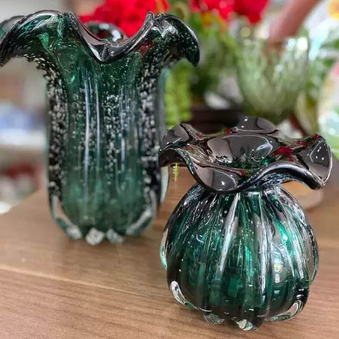 Conjunto 2 Vasos Decorativos de Vidro Lyor Italy Verde Esmeralda Sala Escritório Decoração