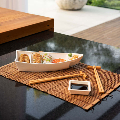 Conjunto 5 Barcas para Sushi Comida Japonesa Oriental Brancas Uno Coza Plástico 27,5x13cm