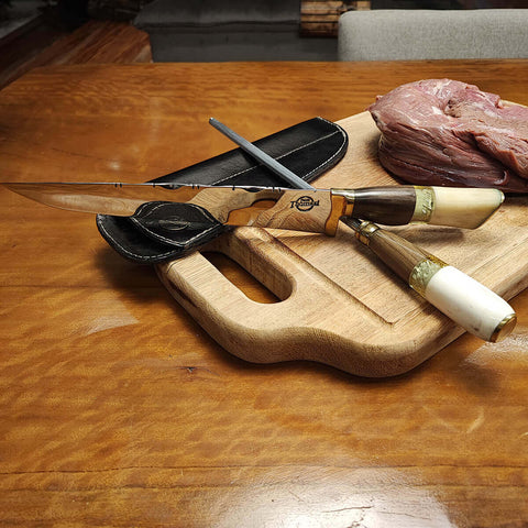 Conjunto Faca e Chaira para Churrasco 10' Artesanal Aço Cirúrgico Inox 420c Artesanal Cabo Misto Sortido