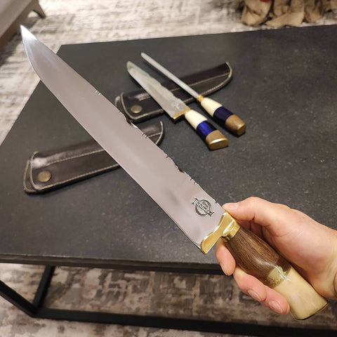 Conjunto Faca e Chaira para Churrasco 10' Artesanal Aço Cirúrgico Inox 420c Artesanal Cabo Misto Sortido