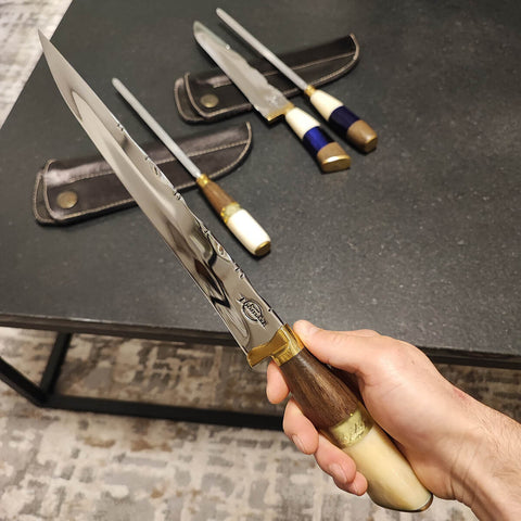 Conjunto Faca e Chaira para Churrasco 10' Artesanal Aço Cirúrgico Inox 420c Artesanal Cabo Misto Sortido