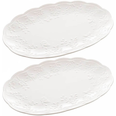 Kit 2 Pratos Decorativos de Porcelana Lyor Travessas Brancas Alto Relevo New Bone Butterfly Flower