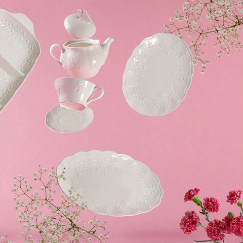 Kit 2 Pratos Decorativos de Porcelana Lyor Travessas Brancas Alto Relevo New Bone Butterfly Flower