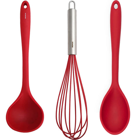 Conjunto Talheres de Silicone 3 Peças Utensílios Colher Batedor Concha Brinox Vermelho