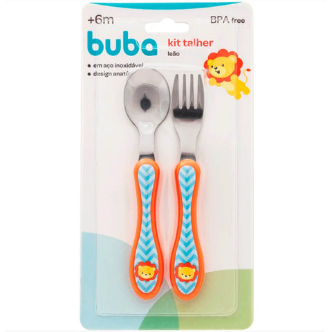 Garfo e Colher para Bebê Inox +6m Infantil Animal Fun Leão Buba Conjunto de Talheres