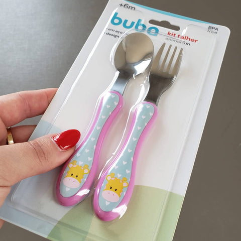 Garfo e Colher para Bebê +6m Inox Girafinha Buba Talheres Infantil Introdução Alimentar