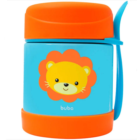 Pote Térmico Infantil Buba Inox Leão 320ml Potinho Bebê com Garfo Animal Fun +6m