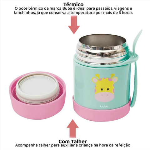 Pote Térmico Inox Girafinha Buba Potinho com Garfo +6m Bebê Papinha e Frutas