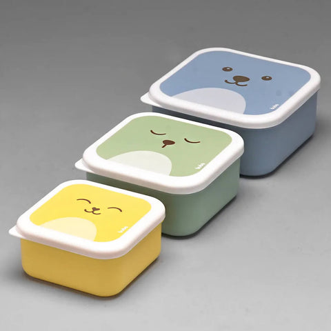 Kit 3 Potinhos com Tampa Quadrados para Lanche Frutinhas Infantil Gumy P M G Buba