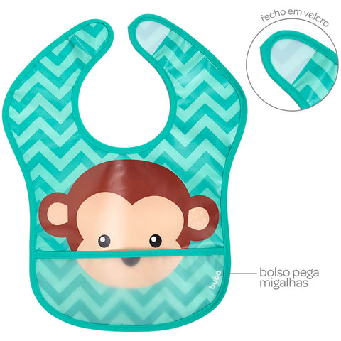 Babador Bebê Impermeável Buba com Bolso Pega-Migalhas +3m Babeiro Infantil Macaquinho