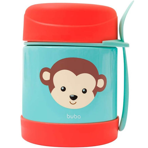 Pote Térmico de Bebê para Papinha Frutas Inox 320ml com Garfo Animal Fun Macaquinho Colorido