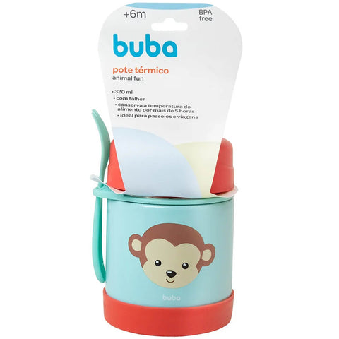 Pote Térmico de Bebê para Papinha Frutas Inox 320ml com Garfo Animal Fun Macaquinho Colorido