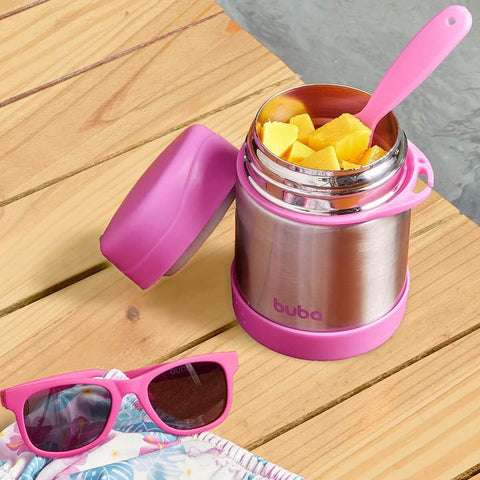 Pote Térmico Buba Rosa Inox Parede Dupla 320ml com Garfo Papinhas Frutas Bebê