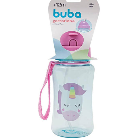 Garrafa Animal Fun Buba Água Infantil 350ml Garrafinha com Canudo Unicórnio +12m