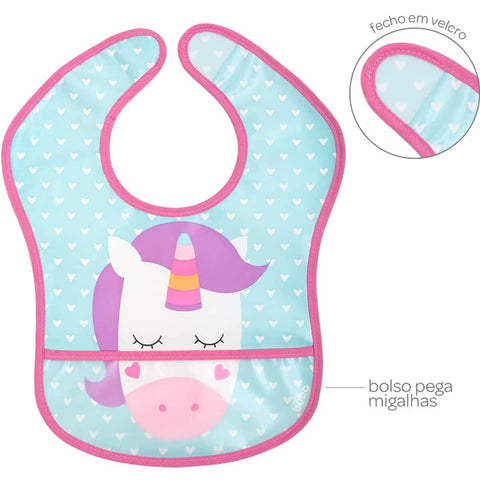 Babador Infantil Impermeável com Bolso Pega-Migalhas +3m Animal Fun Buba Unicórnio