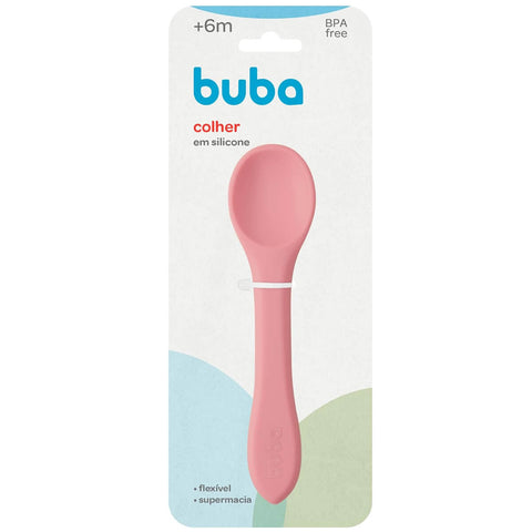 Colher de Silicone para Bebê Buba Rosa +6m Introducao Alimentar Flexível