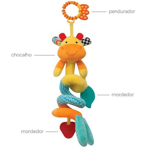 Girafinha Mola para Carrinho Berço Buba Chocalho e Mordedor Happy Zoo Colorido