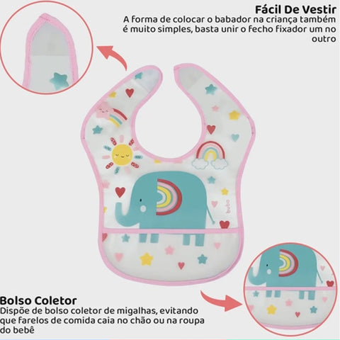 Jogo 12 Babadores com Pega Migalhas Elefante Arco Íris Buba Colorido Escolinha Infantil