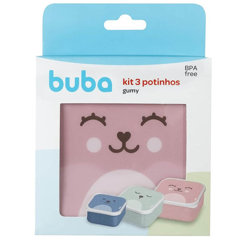 Kit 3 Potinhos Gumy Buba Rosa para Papinha Bebê 240ml 390ml 550ml com Tampas