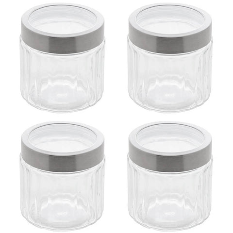 Jogo 4 Potes Redondos de Vidro com Tampas em Aço Inox 870ml Sydney Lyor Transparentes