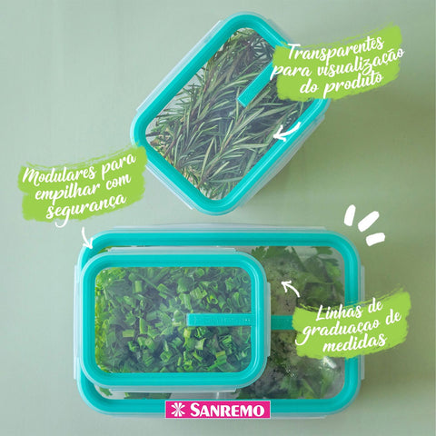 Jogo de Potes Plásticos 6 Peças Tampas Herméticas 300ml 1,24L e 2,5L Sanremo Coral e Verde