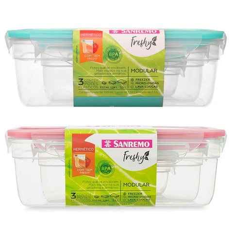 Jogo de Potes Plásticos 6 Peças Tampas Herméticas 300ml 1,24L e 2,5L Sanremo Coral e Verde