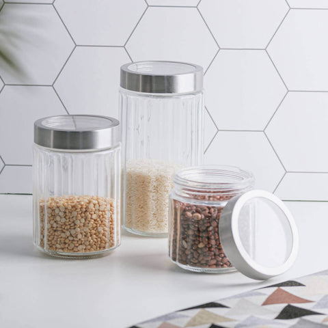 Kit 3 Porta Mantimentos de Vidro Sydney Lyor 870ml e 1,2L Pote com Tampa Inox