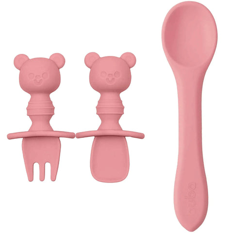 Kit Talheres Bebê Ursinho Buba Garfo Colheres Silicone Rosa +6m Treinamento